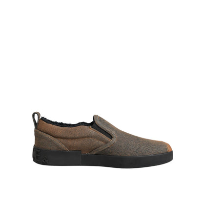 Dolce & Gabbana Brown Cotton Low Top Slip On Sneakers Shoes with rubber sole, side view, showcasing designer flair and comfort.