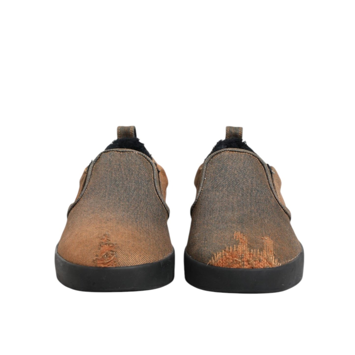 Back view of Dolce & Gabbana Brown Cotton Low Top Slip On Sneakers Shoes with rubber sole, showcasing a stylish and comfortable design.