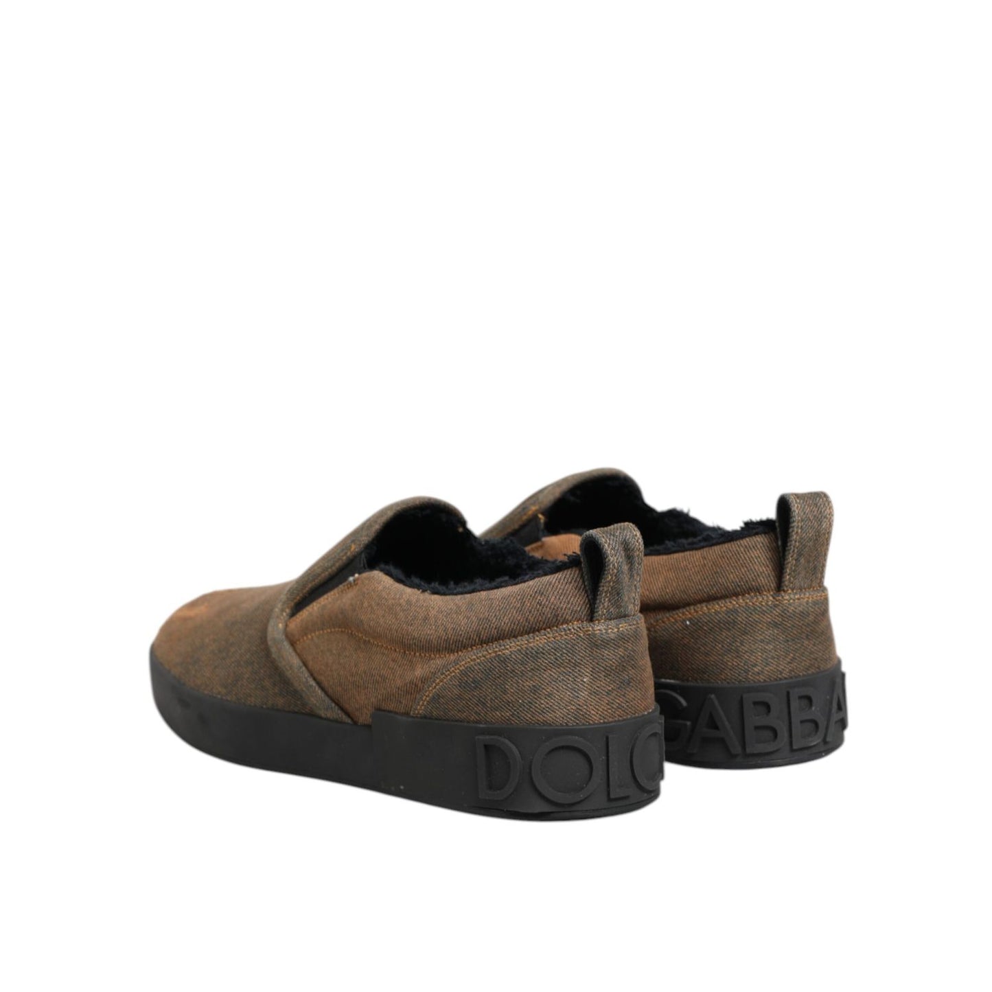 Dolce & Gabbana Brown Cotton Low Top Slip On Sneakers Shoes with black rubber sole, viewed from the side and back.