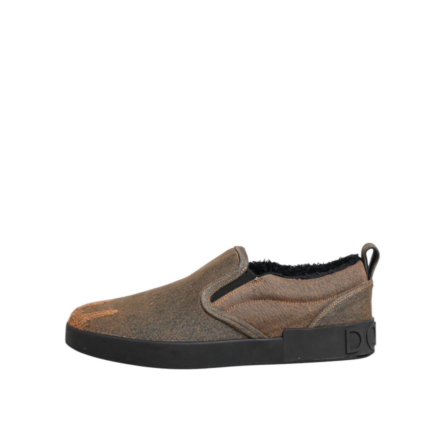 Dolce & Gabbana Brown Cotton Low Top Slip On Sneakers Shoes with rubber sole, featuring a lightweight and comfortable design.