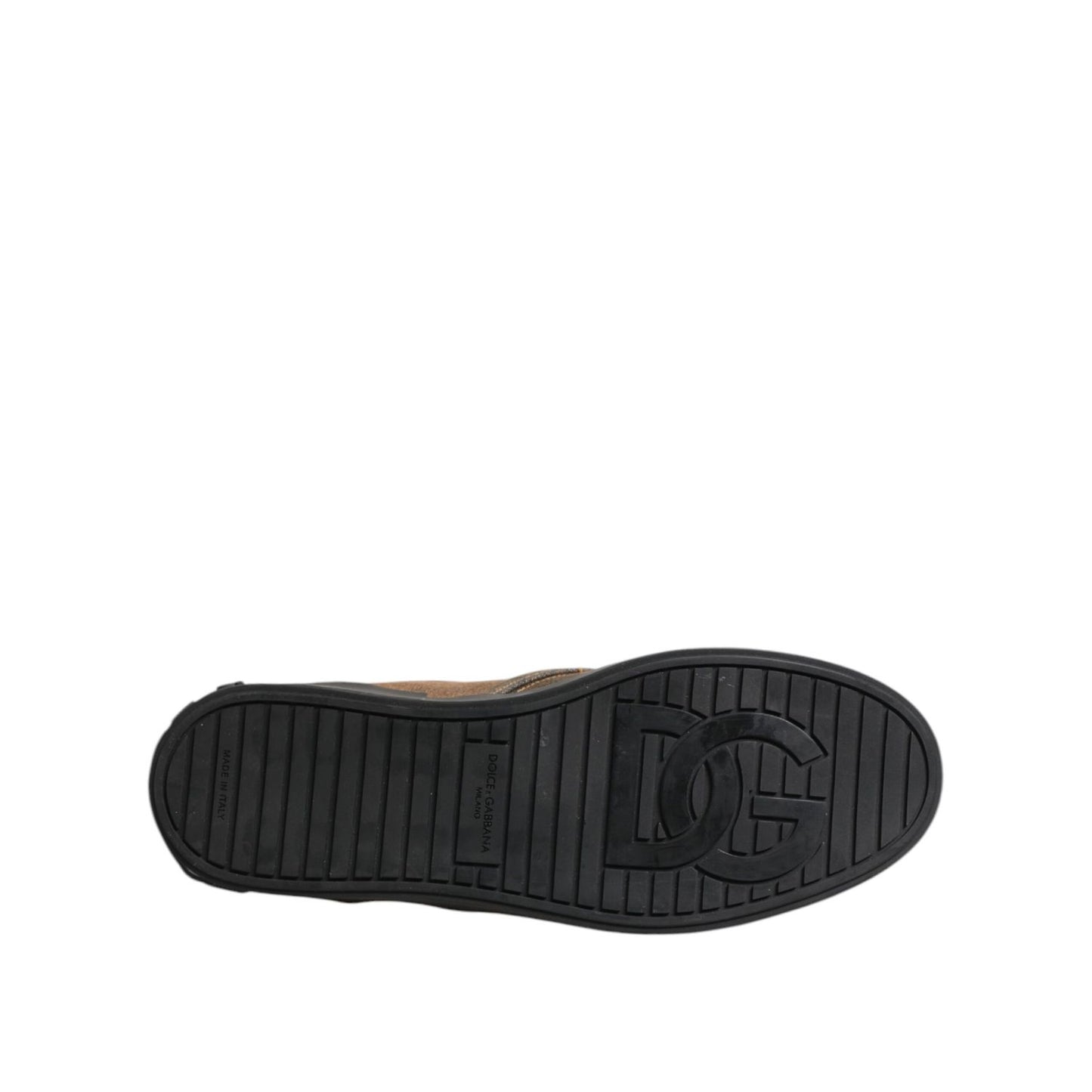 Bottom view of Dolce & Gabbana Brown Cotton Low Top Slip On Sneakers Shoes with rubber sole and D&G logo.
