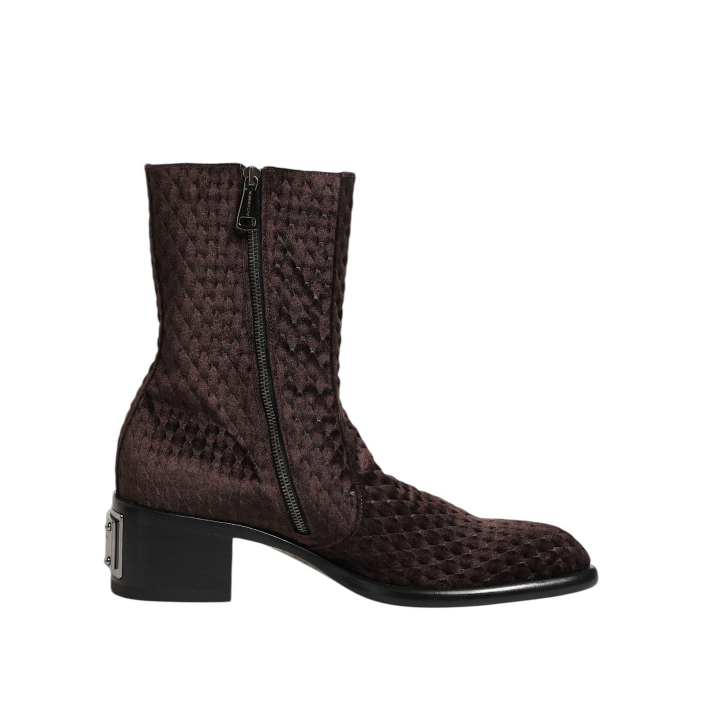 Dolce & Gabbana Brown Cotton Velvet Mid Calf Short Boots Shoes with side zipper, elegant design, and plush texture.