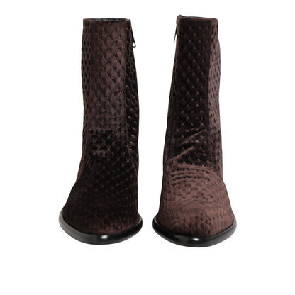 Dolce & Gabbana Brown Cotton Velvet Mid Calf Short Boots Shoes in plush texture, perfect for versatile styling and sophistication.