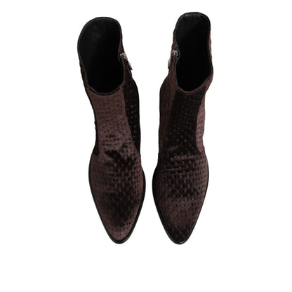 Dolce & Gabbana Brown Cotton Velvet Mid Calf Short Boots Shoes top view