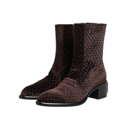 Dolce & Gabbana Brown Cotton Velvet Mid Calf Short Boots Shoes with a textured velvet finish, perfect for cold-weather fashion.