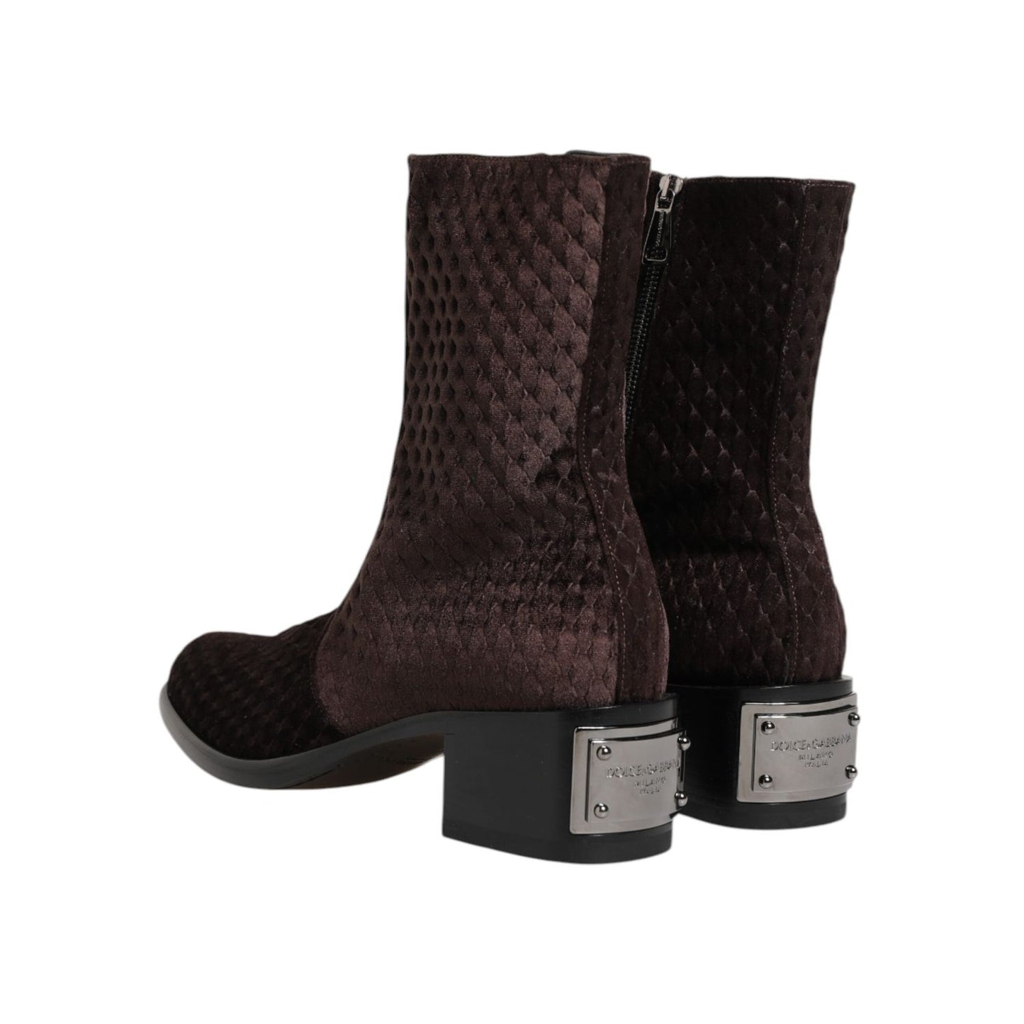 Dolce & Gabbana Brown Cotton Velvet Mid Calf Short Boots Shoes, rear view showing soft velvet texture and metal heel detail.