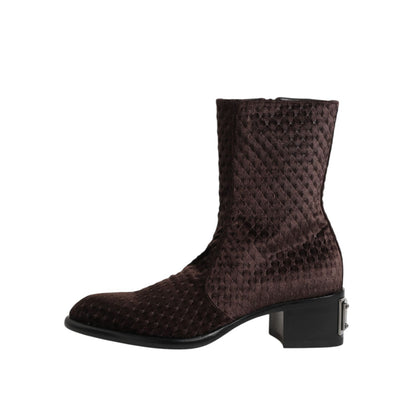 Dolce & Gabbana Brown Cotton Velvet Mid Calf Short Boots Shoes with plush texture, perfect for stylish cold-weather outfits.