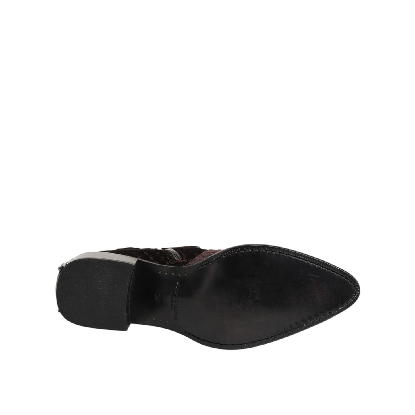 Dolce & Gabbana Brown Cotton Velvet Mid Calf Short Boots Shoes, showcasing the sole and sleek silhouette, versatile for casual and dressy outfits.