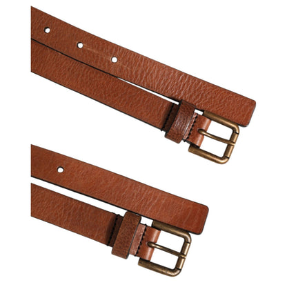Dolce & Gabbana Brown Double Strap Leather Gold Buckle Belt with textured brown calfskin leather and gold-tone accents.