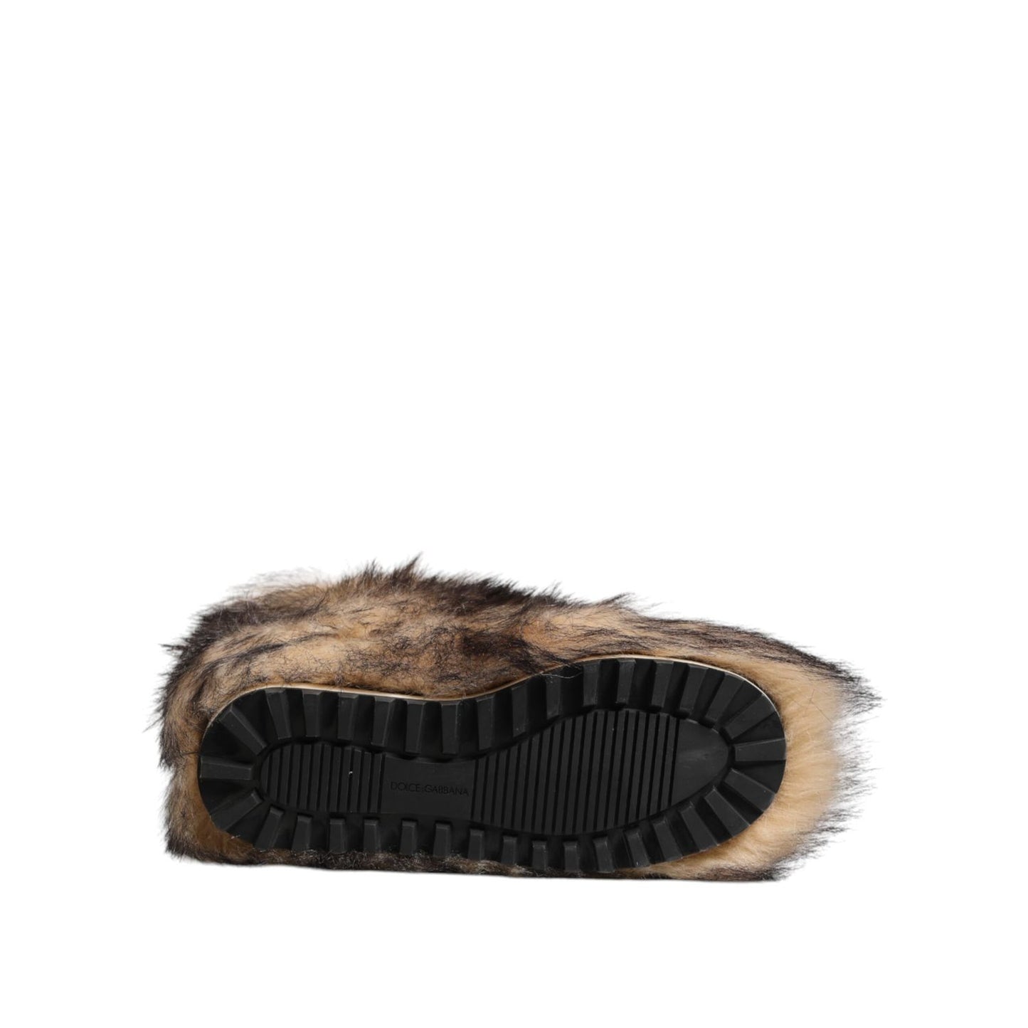 Dolce & Gabbana Brown Faux Skim Ski Fur Men Short Boots Shoes sole view with plush fur and thick tread for winter wear elegance.
