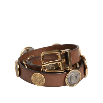 Dolce & Gabbana Brown Leather Gold Silver Coin Buckle Belt with opulent coin medallions.