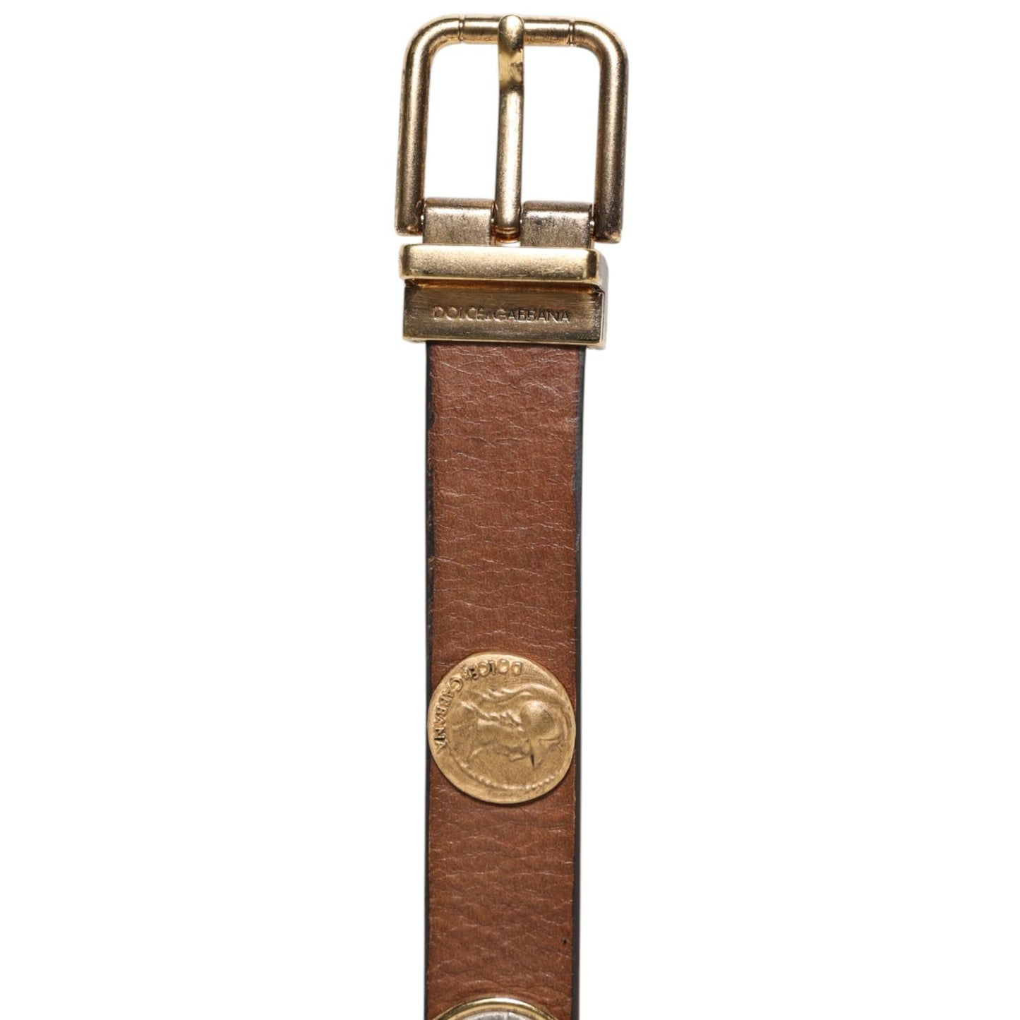 Dolce & Gabbana Brown Leather Gold Silver Coin Buckle Belt with ornate buckle detail and classical coin medallions on rich leather.