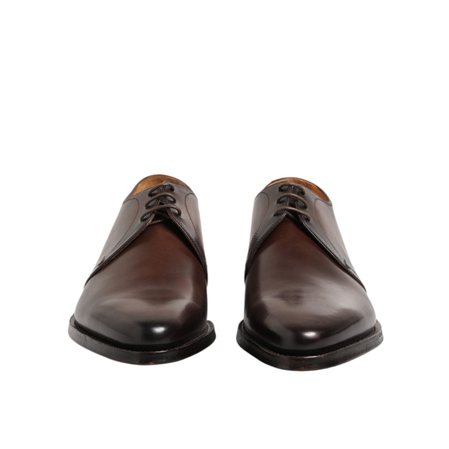 Dolce & Gabbana Brown Leather Lace Up Dress Men Derby Shoes front view with polished finish and classic design.