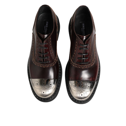 Dolce & Gabbana Brown Leather Lace Up Dress Men Oxford Shoes top view with polished finish and classic design.