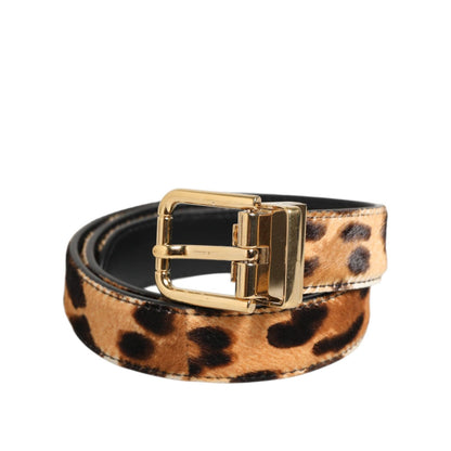 Dolce & Gabbana Brown Leather Leopard Print Metal Buckle Belt with bronze-toned buckle, showcasing Italian luxury and style for men.