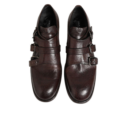 Dolce & Gabbana Brown Leather Monk Strap Formal Derby Shoes with classic buckle detail and polished finish, perfect for formal attire.