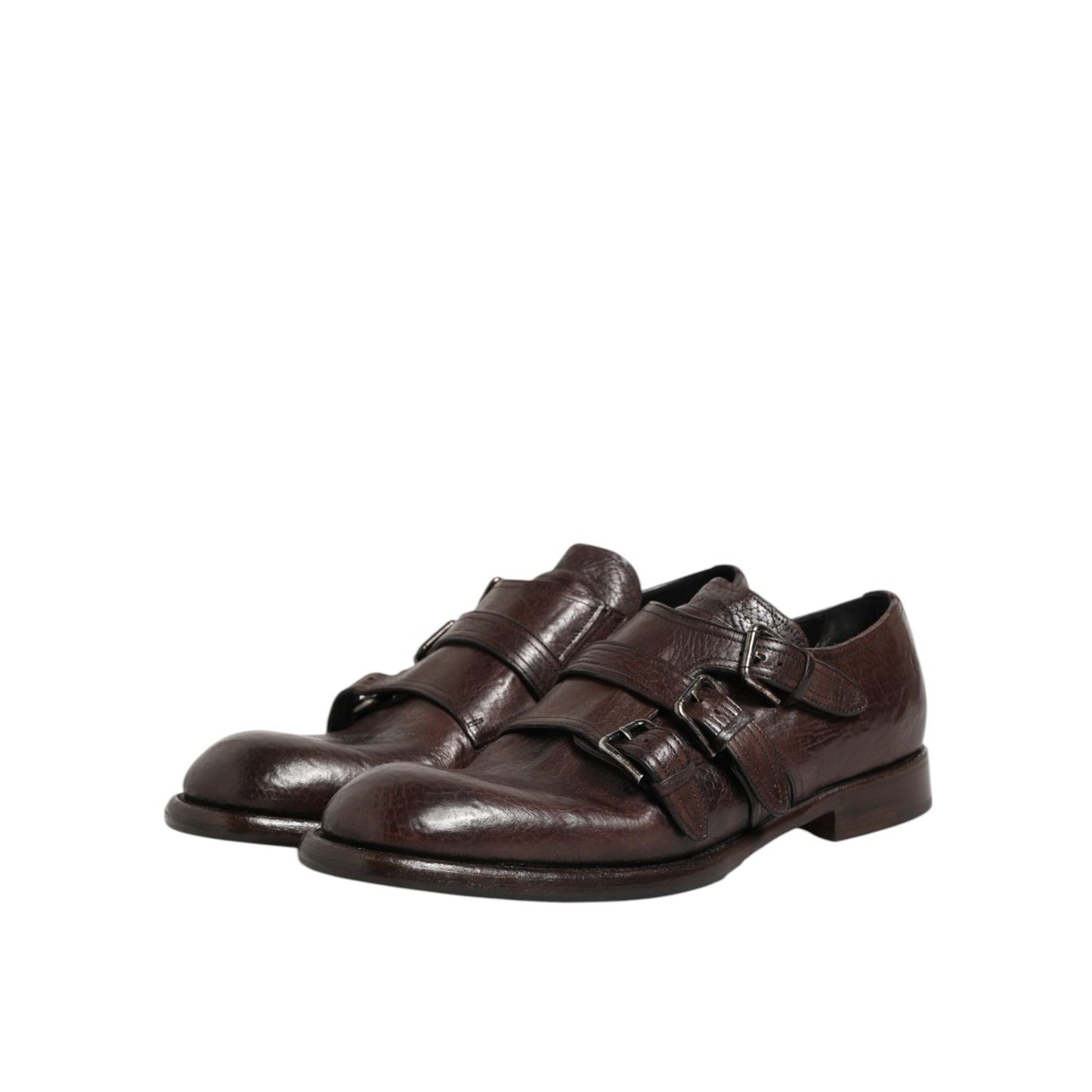 Dolce & Gabbana Brown Leather Monk Strap Formal Derby Shoes with sleek silhouette and polished finish on white background.