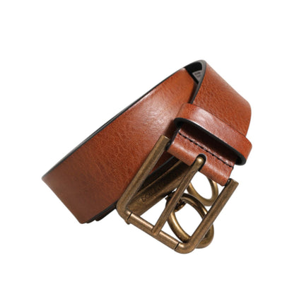 Dolce & Gabbana Brown Leather Side Rings Brass Buckle Belt with gold-tone metal buckle and premium calf leather.