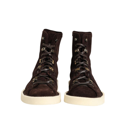 Dolce & Gabbana Brown Suede Lace Up Ankle Short Boots Shoes with white soles, front view.