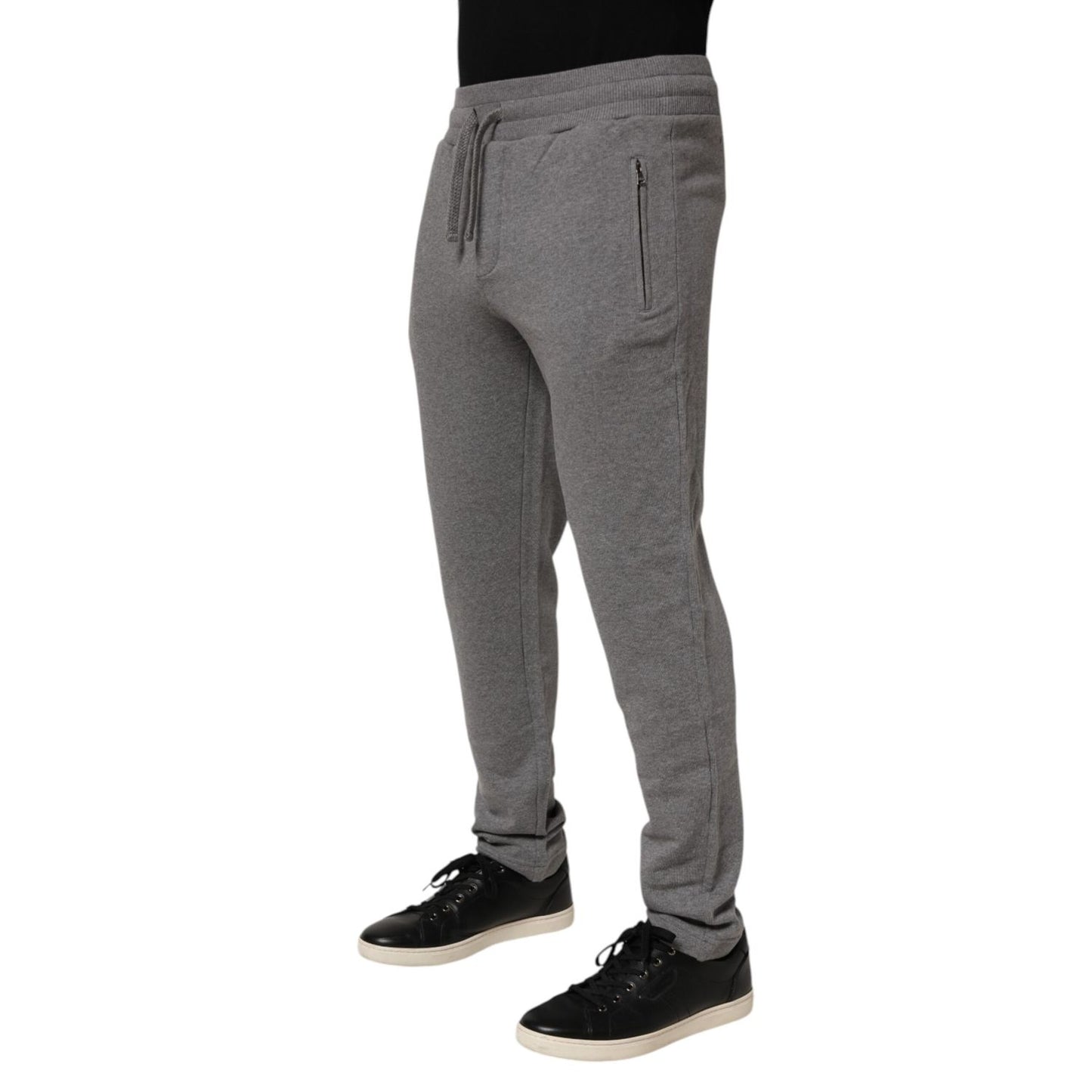 Dolce & Gabbana Cotton Jogger Sweatpants Trouser Gray with elastic waistband and drawstring, shown on model, front view.