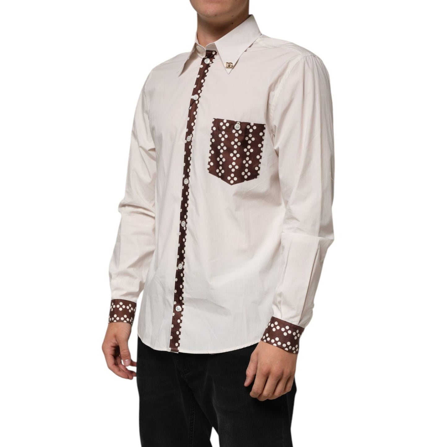 Dolce & Gabbana Cream White Cotton Polka Dot Slim Fit Shirt with brown detailing on placket, pocket, and cuffs.