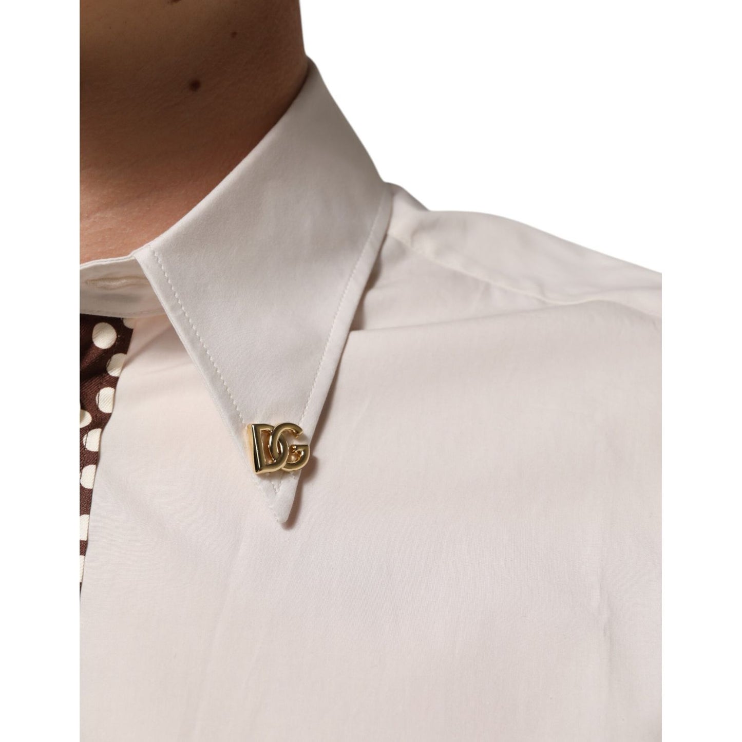 Dolce & Gabbana Cream White Cotton Polka Dot Slim Fit Shirt with gold logo and polka dot detail.