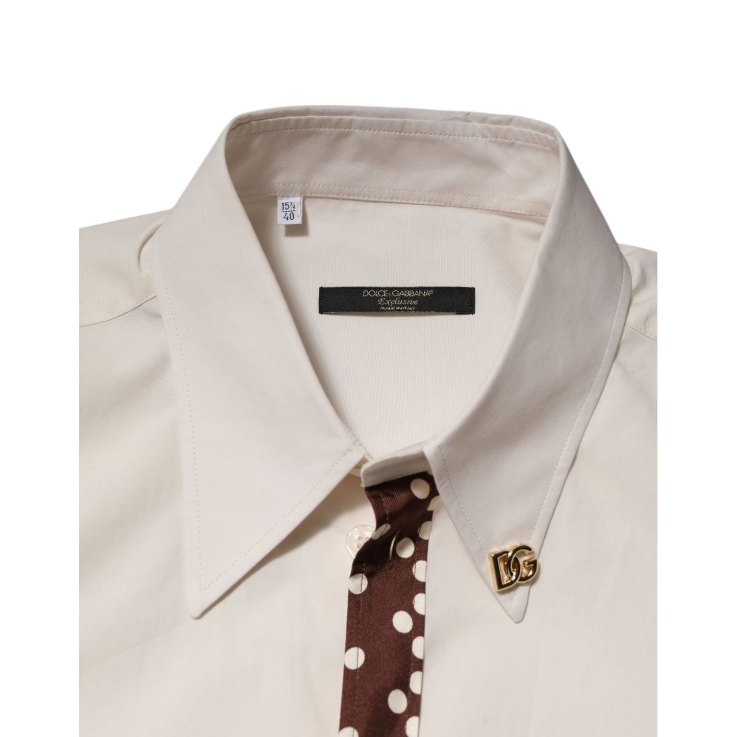 Dolce & Gabbana Cream White Cotton Polka Dot Slim Fit Shirt with brown polka dot detailing and modern tailored fit.