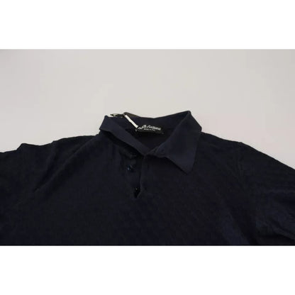 Dolce & Gabbana Dark Blue Collared Polo Casual Silk T-shirt with short sleeves, preowned with tags, made in Italy, 100% silk