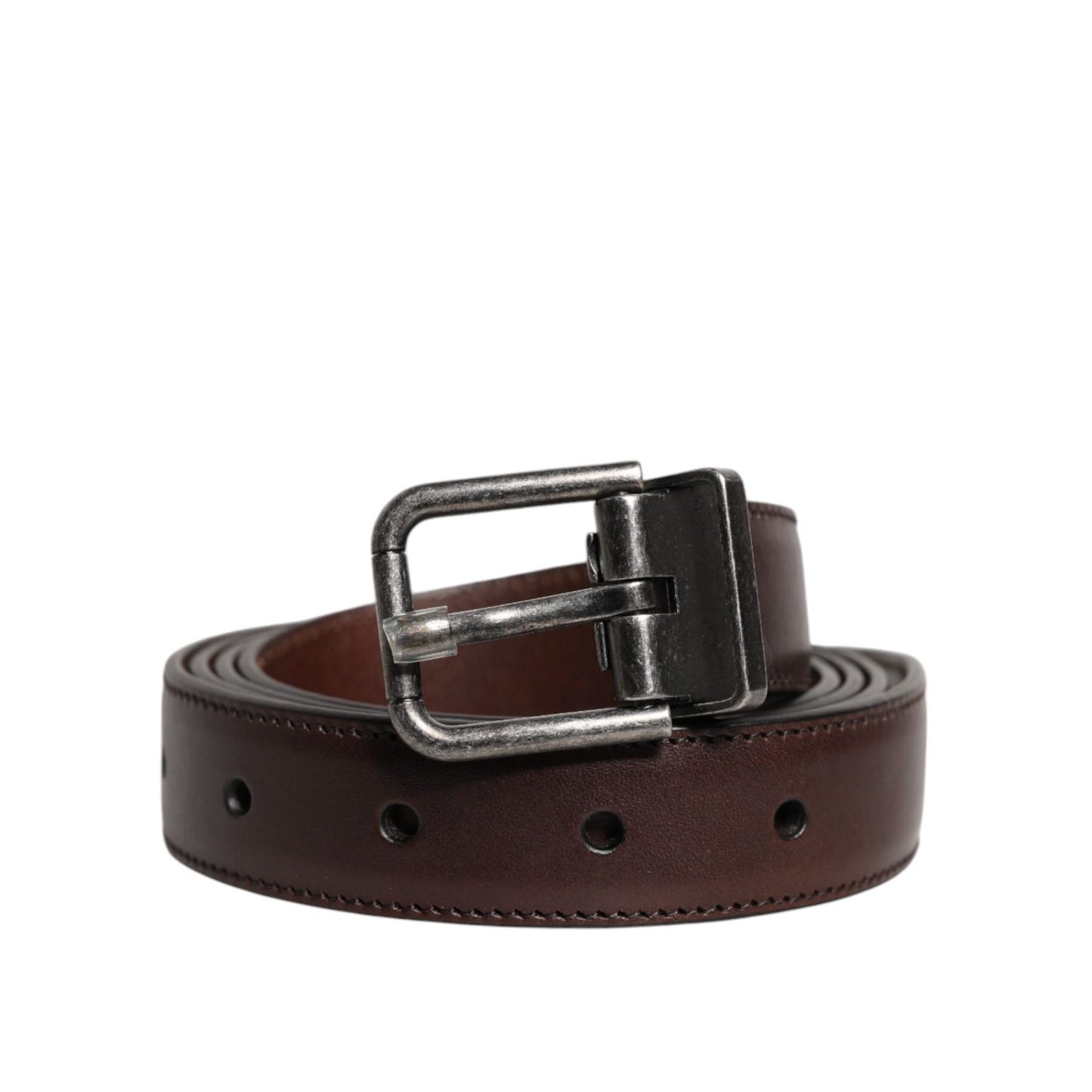 Dolce & Gabbana Dark Brown Leather Antique Silver Buckle Belt crafted with rich brown leather and featuring a classic silver-tone buckle.
