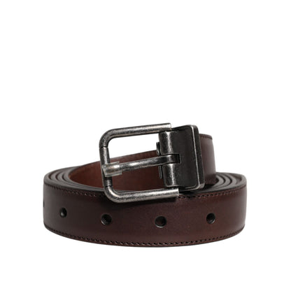Dolce & Gabbana Dark Brown Leather Antique Silver Buckle Belt on display, showcasing its rich texture and classic silver-tone buckle design.