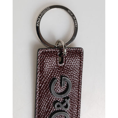 Dolce & Gabbana Dark Brown Leather Logo Metal Ring Men Keychain Keyring with engraved brand details and silver hardware.