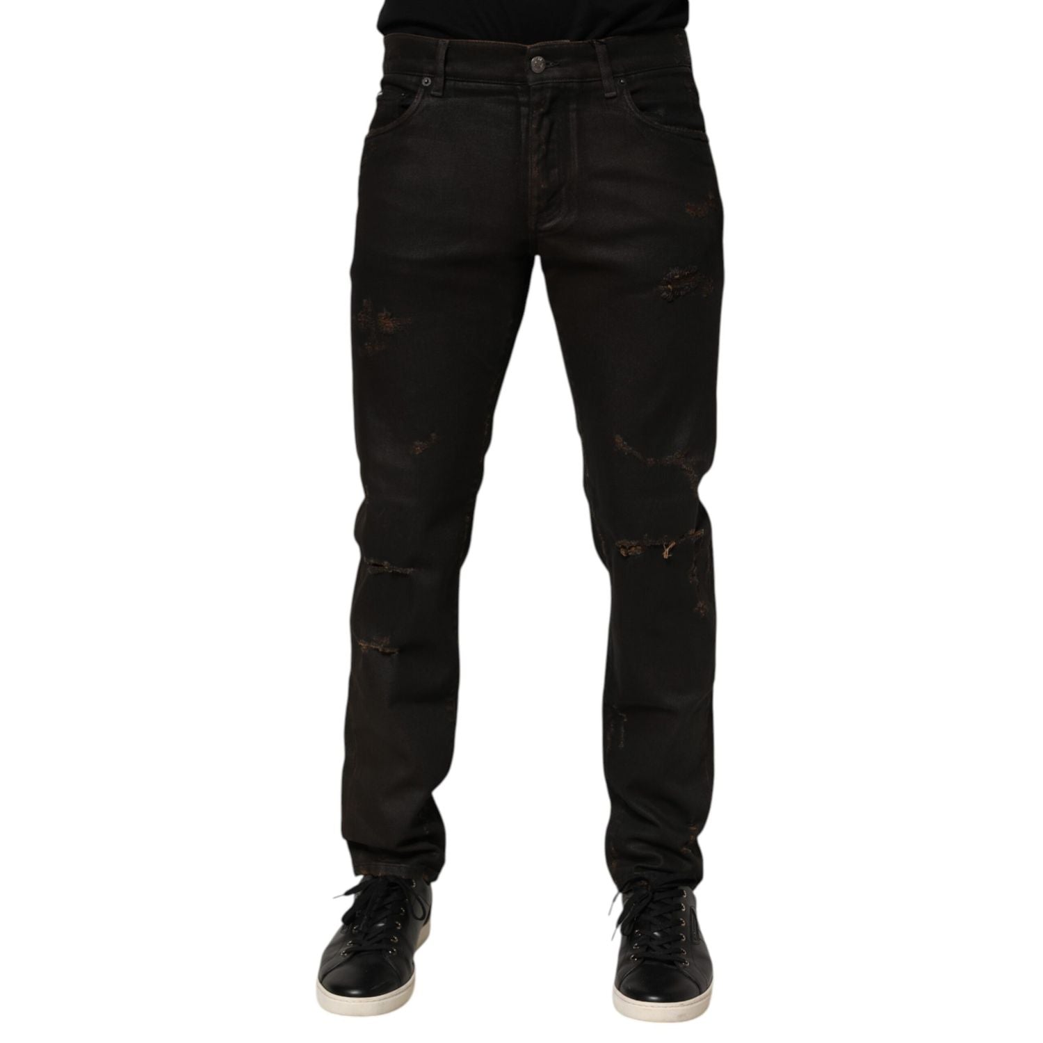 Dolce & Gabbana Dark Brown Tattered Cotton Skinny Denim Jeans
