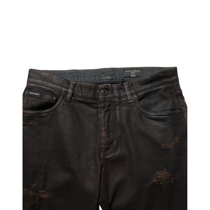 Dolce & Gabbana Dark Brown Tattered Cotton Skinny Denim Jeans