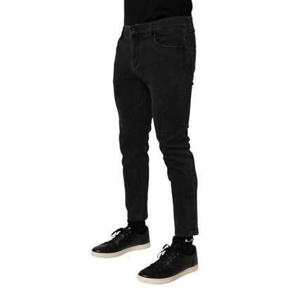 Dolce & Gabbana Dark Gray Cotton Stretch Denim Trouser Jeans displayed on a model, showing sleek and versatile design for casual wear.