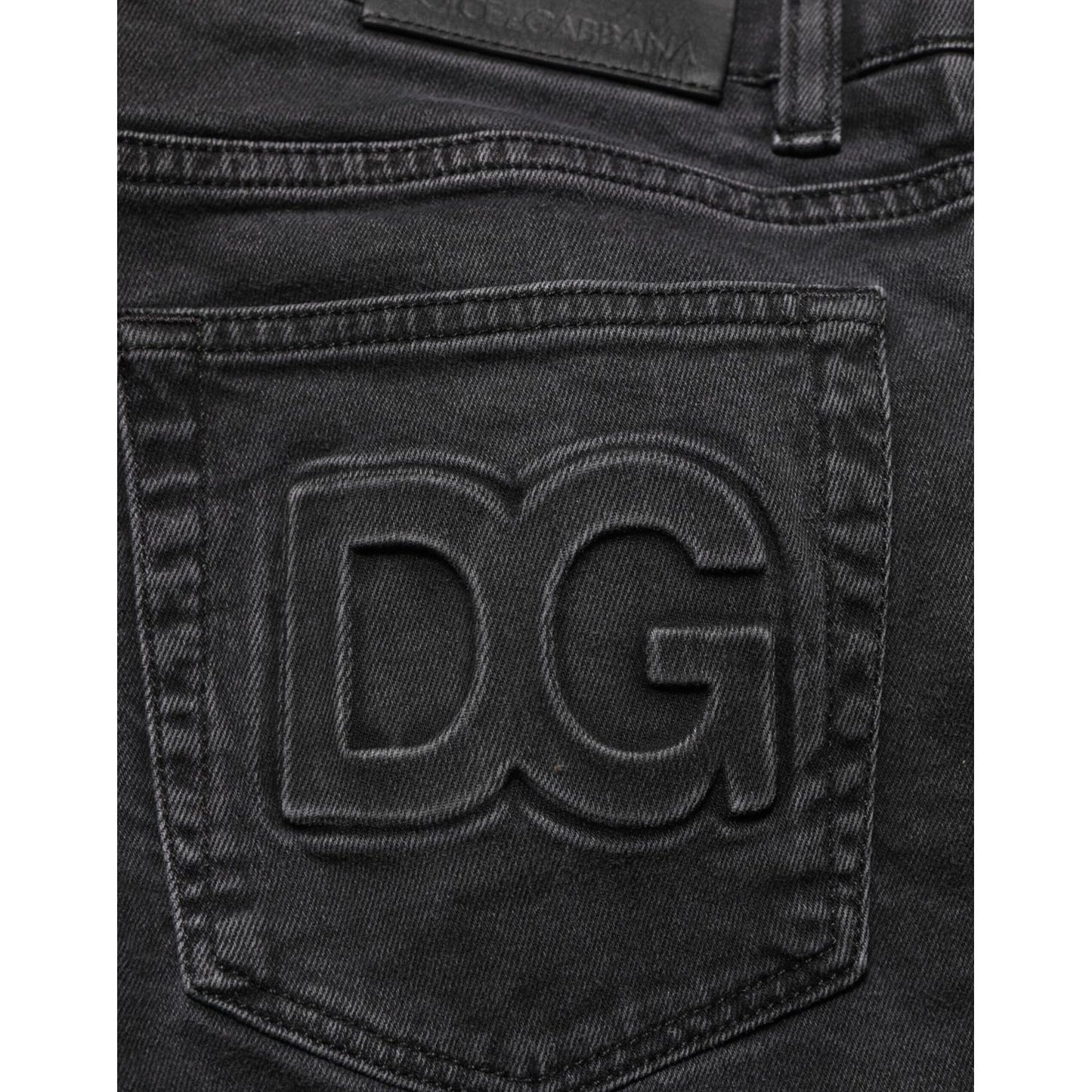 Back pocket detail of Dolce & Gabbana Dark Gray Cotton Stretch Denim Trouser Jeans with embossed DG logo.
