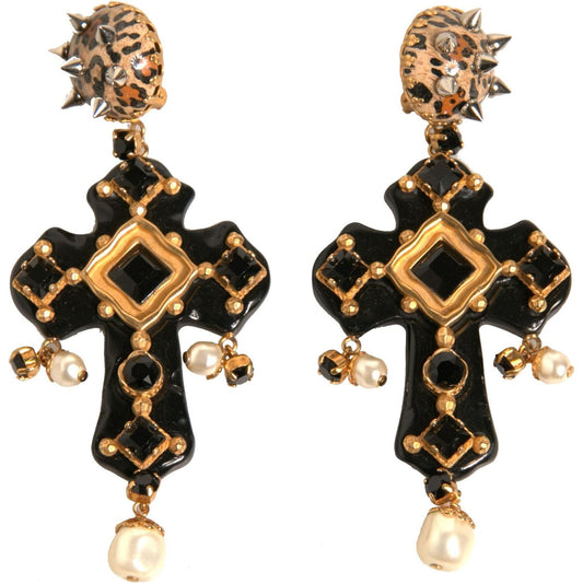 Dolce & Gabbana Dolce & Gabbana Black Crystal Cross Crystal Embellished Gold Clip On Earrings SMY10551 1728,Black,Dolce & Gabbana,Earrings - Women - Jewelry,Glass,Materials: Brass,New with tags,Women
