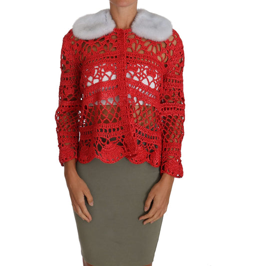 Dolce & Gabbana Dolce & Gabbana Elegant Red Crochet Knit Cardigan with Fur Collar TSH2723-42 1728,67345645728,Dolce & Gabbana,IT42|M,Material: 100% viscose,New with tags,Red,Sweaters - Women - Clothing,Women