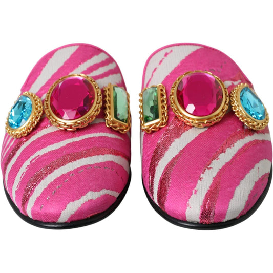 Dolce & Gabbana Dolce & Gabbana Pink Jacquard Crystal Mule Flat Sandals Shoes LA11172-38 1728,67345645728,Dolce & Gabbana,EU38/US7.5,Flat Shoes - Women - Shoes,Material: Leather,Pink,Preowned / Defect