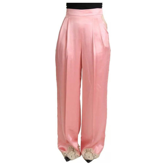 Dolce & Gabbana Pink Lace Trimmed Silk Satin Wide Legs Pants 1728,67345645728,Dolce & Gabbana,IT40|S,Jeans & Pants - Women - Clothing,Material: 80% Silk 15% Cotton 5% Nylon,Pink,Preowned / Defect,Women Dolce & Gabbana PAN71899-40