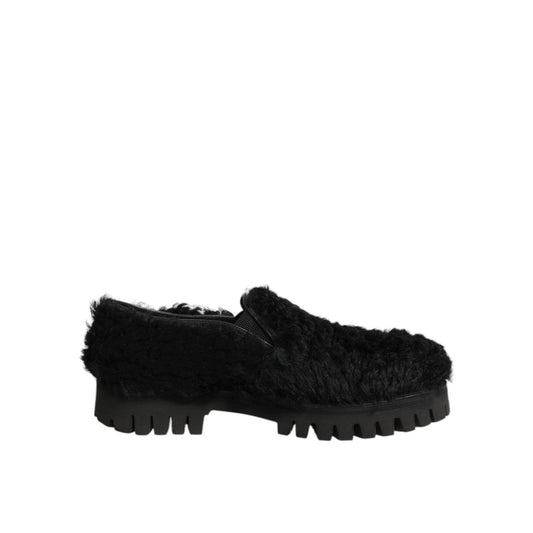 Dolce & Gabbana Dress Black Fur Leather Slippers Men Shoes, elegant and sophisticated slip-on design with polished finish.