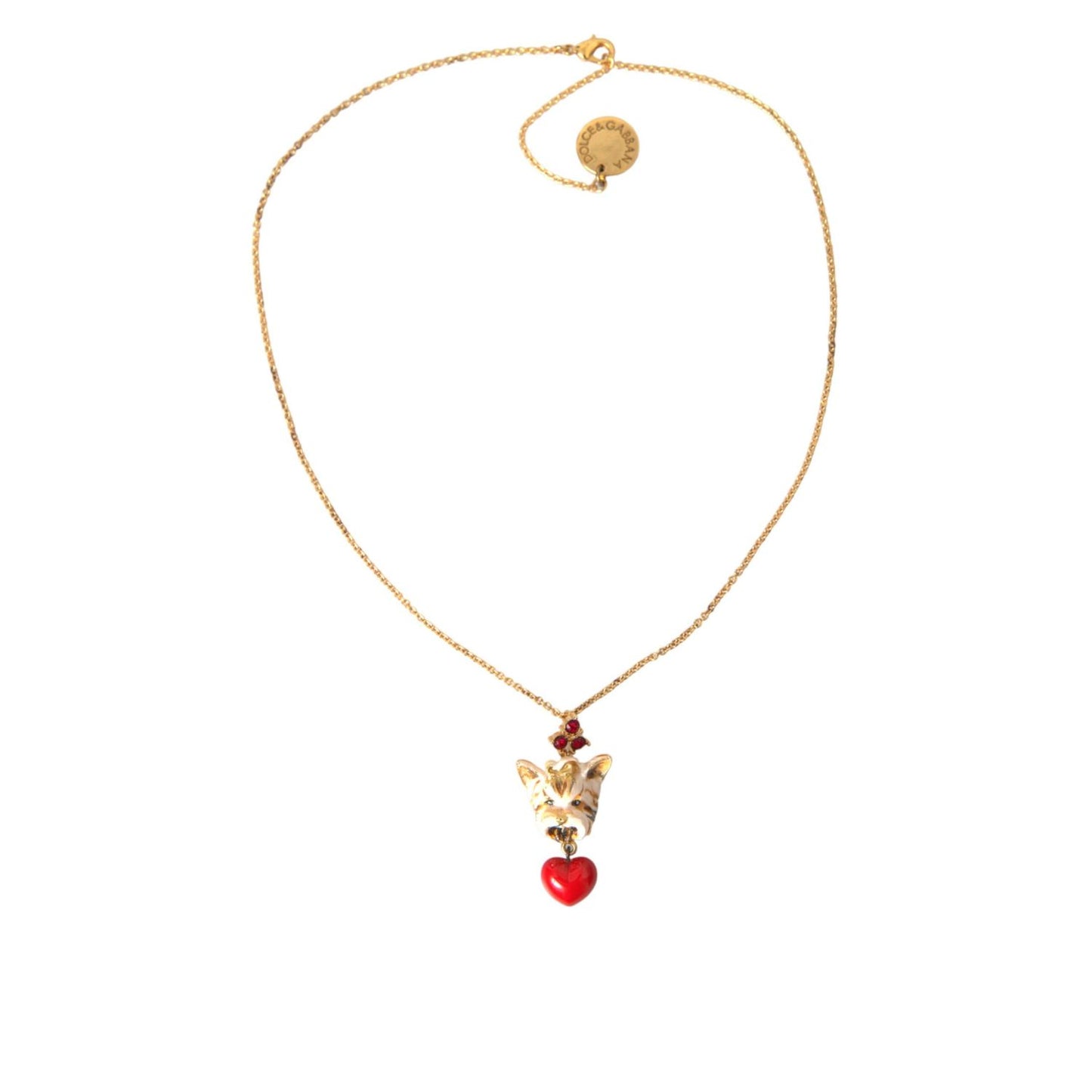 Dolce & Gabbana Gold Brass Chain Dog Heart Pendant Charm Necklace, crystal embellished, gold with red heart, 40cm length, luxurious design