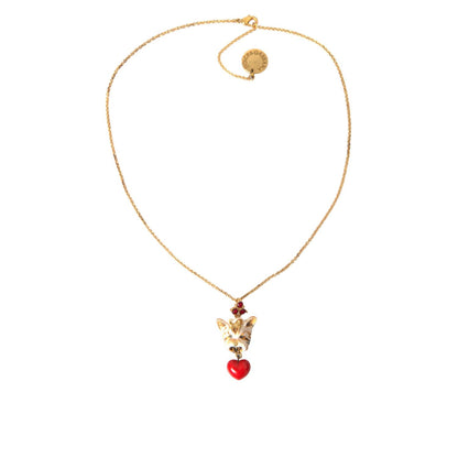 Dolce & Gabbana Gold Brass Chain Dog Heart Pendant Charm Necklace, crystal embellished, gold with red heart, 40cm length, luxurious design
