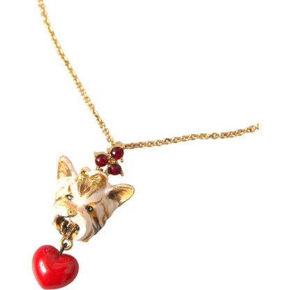 Dolce & Gabbana Gold Brass Chain Dog Heart Pendant Charm Necklace with red crystals and heart charm, made in Italy.