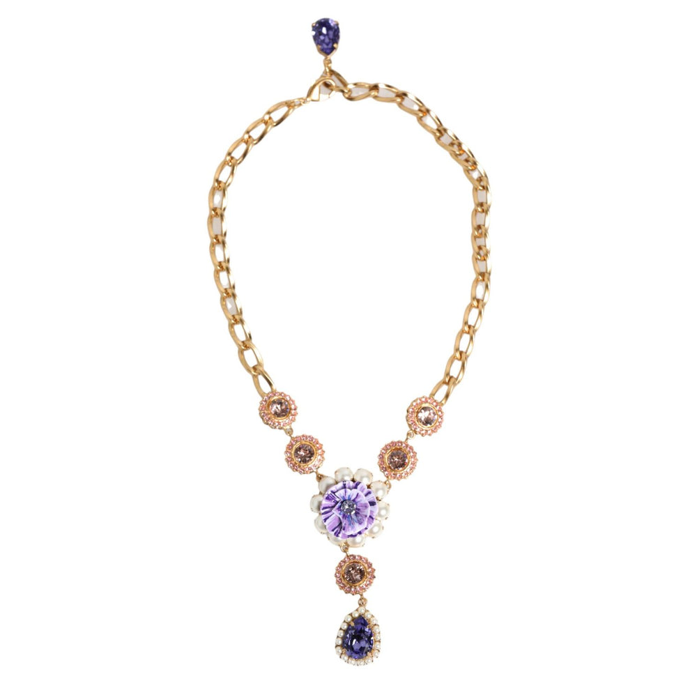 Dolce & Gabbana Gold Brass Crystal Pearl Purple Floral Pendant Jewelry Necklace with violet crystal and pearl accents