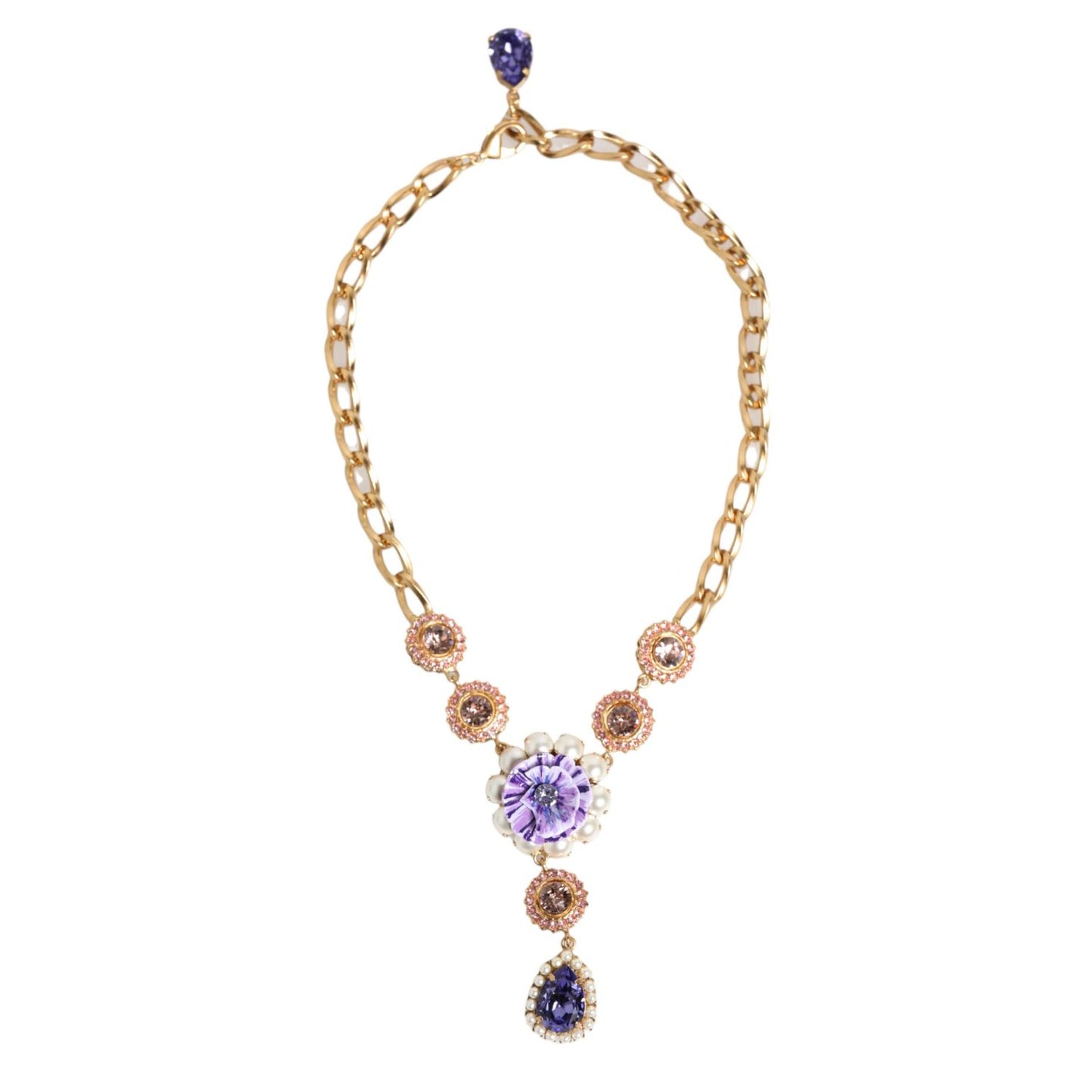 Dolce & Gabbana Gold Brass Crystal Pearl Purple Floral Pendant Jewelry Necklace with violet crystal and pearl accents