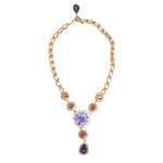 Dolce & Gabbana Gold Brass Crystal Pearl Purple Floral Pendant Jewelry Necklace with violet crystal and pearl accents.
