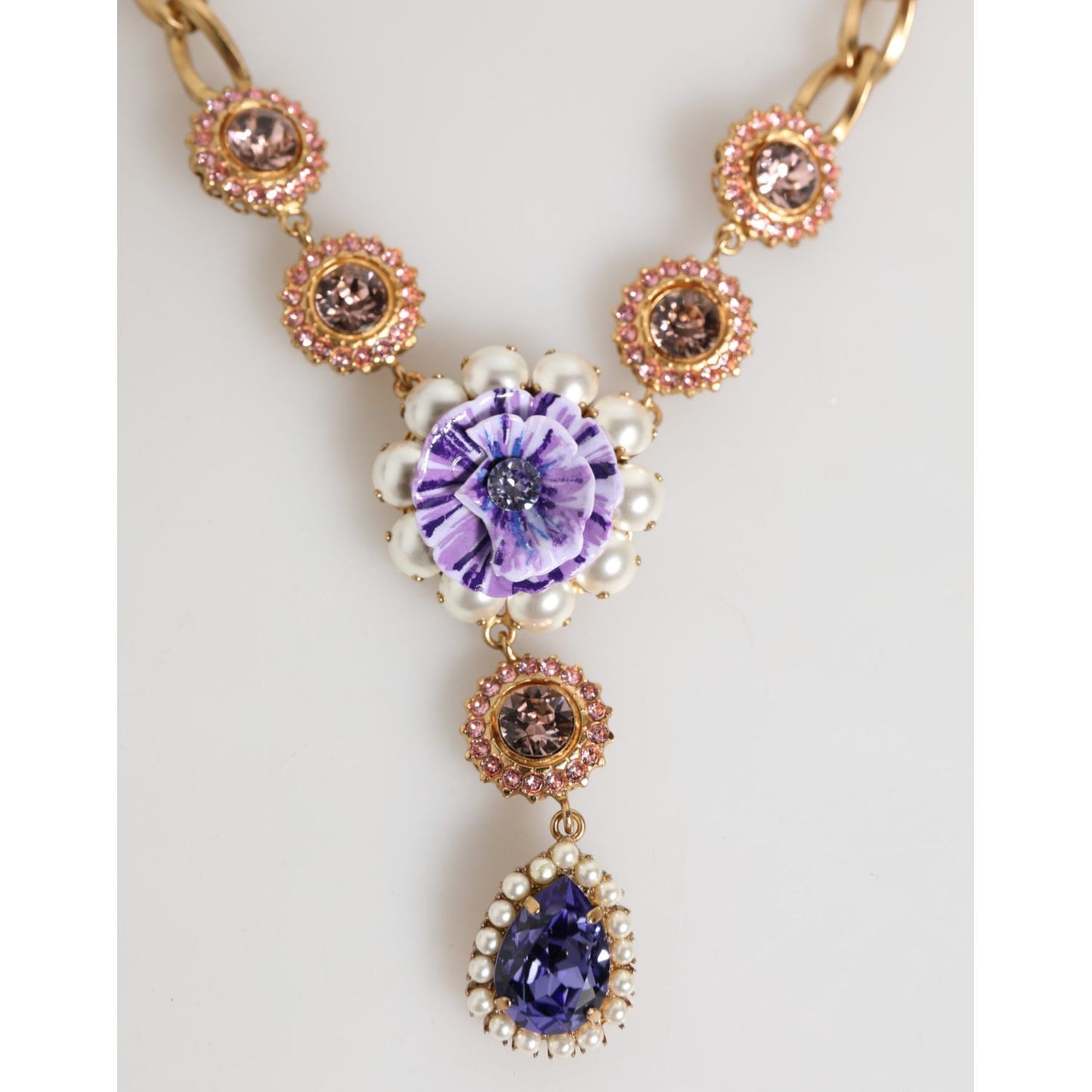 Dolce & Gabbana Gold Brass Crystal Pearl Purple Floral Pendant Jewelry Necklace with violet and pink accents.