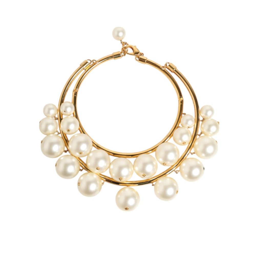 Dolce & Gabbana Gold Brass Faux Pearl Crystal Statement Luxury Jewelry Necklace with layered design.