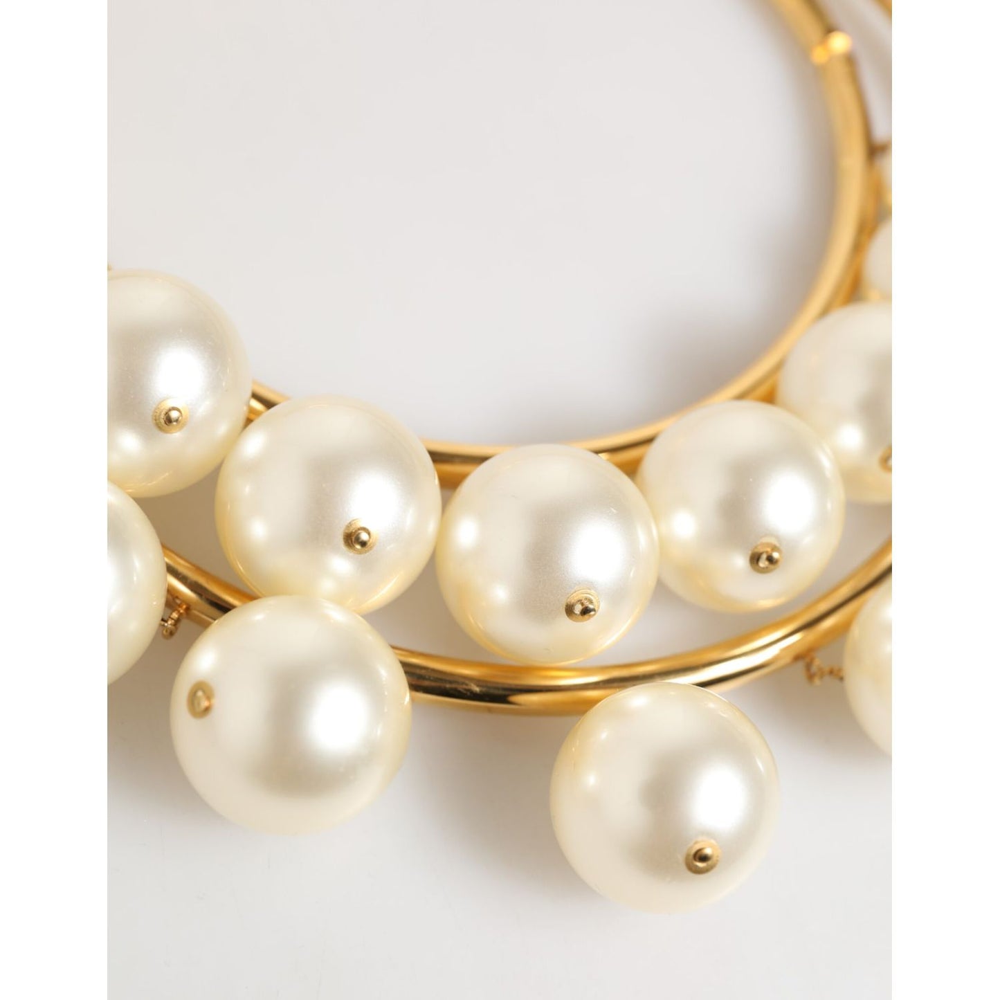 Dolce & Gabbana Gold Brass Faux Pearl Crystal Statement Luxury Jewelry Necklace with layered design on white background