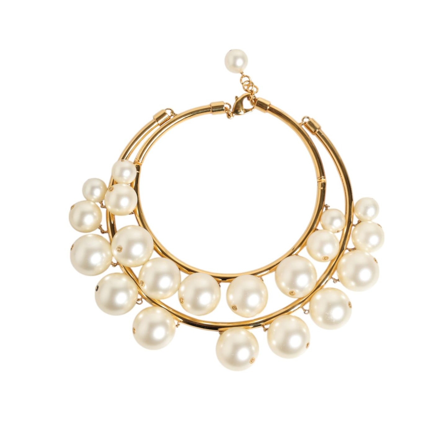 Dolce & Gabbana Gold Brass Faux Pearl Crystal Statement Luxury Jewelry Necklace with layered design